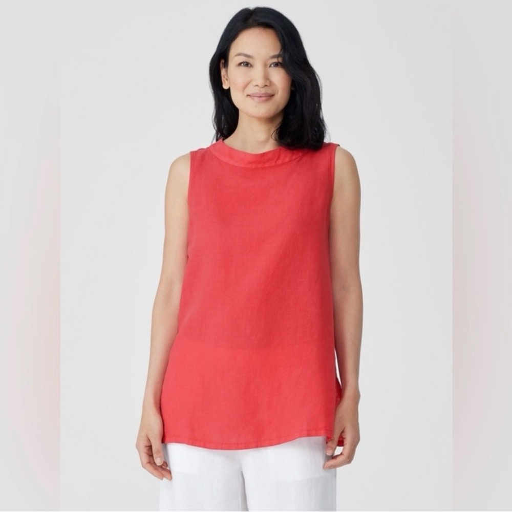 Eileen Fisher Garment Dyed Handkerchief Linen Mock Neck Sleeveless Top Small Red